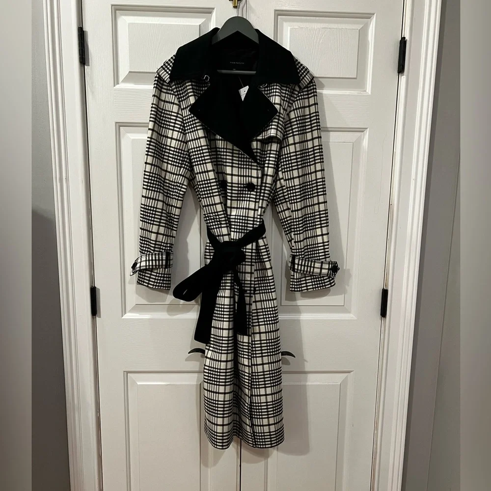 NWT Ann Taylor Twill Plaid Trench Coat Size L - Picture 5 of 7